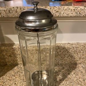 Vintage glass and metal straw holder